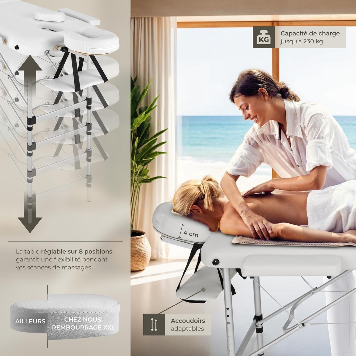 tectake Table de massage portable pliante 2 zones largeur 61 cm et rembourrage de 4 cm blanc
