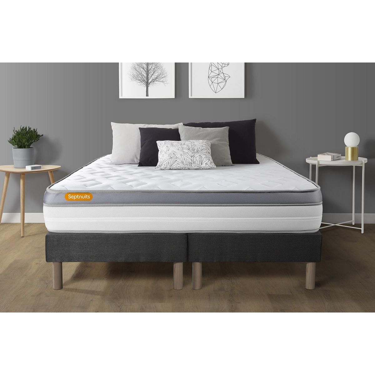 SEPTNUITS Matelas + double sommier gris Memo Zen Mousse à mémoire de forme 5 zones de confort MAXI épaisseur