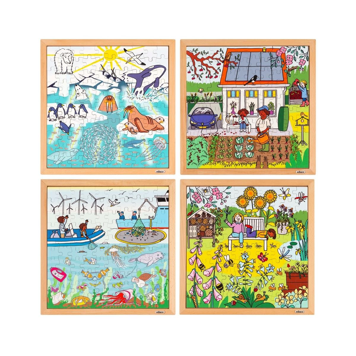 EDUCO Puzzle en bois - Puzzle nature et climat - le lot de 4 puzzles - jeu Montessori