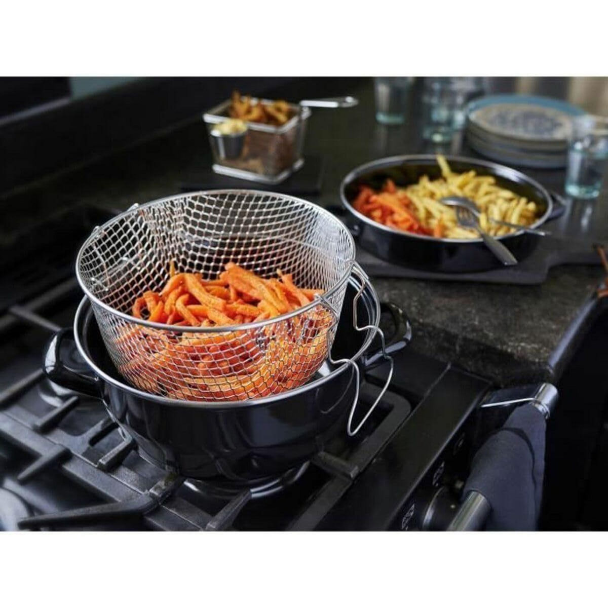 BAUMALU Friteuse email noire avec couvercle