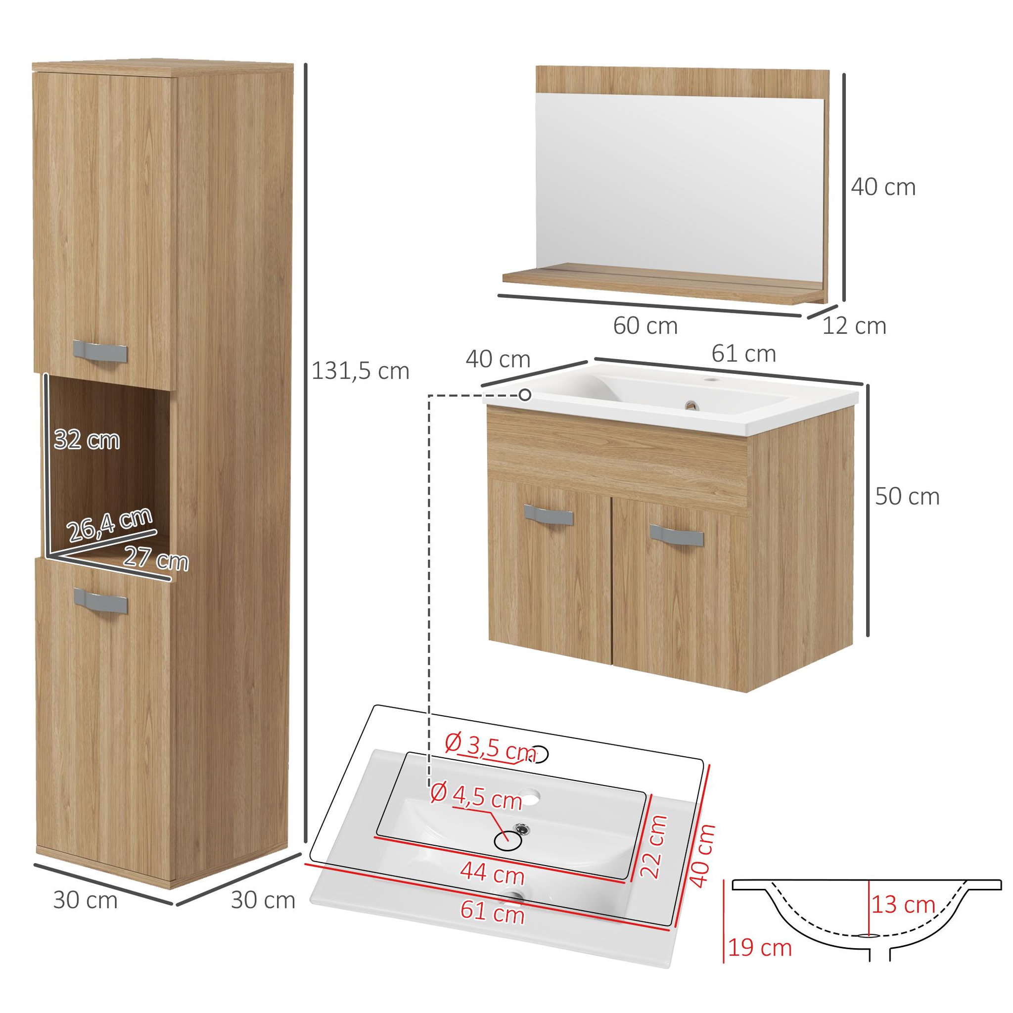 Voir la diapositive 4 : KLEANKIN Ensemble 3 meubles salle de bain avec vasque - meuble sous-vasque suspendu, miroir, meuble colonne mural - aspect chêne clair