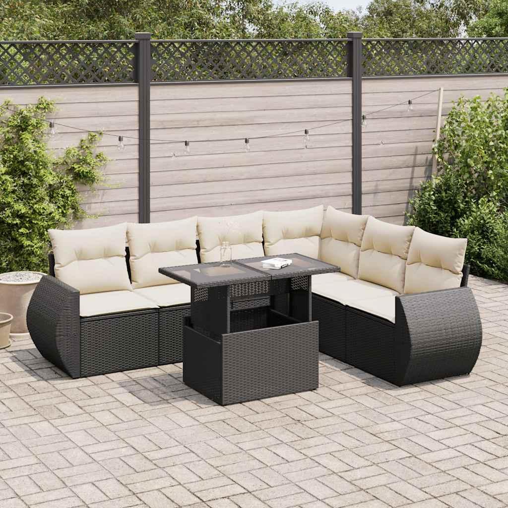 VIDAXL Salon de jardin 7 pcs avec coussins noir resine tressee