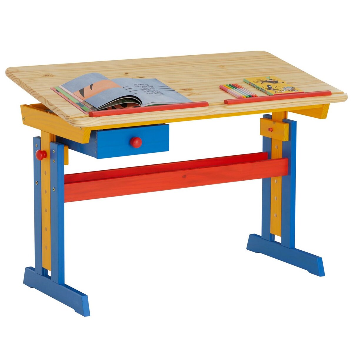 IDIMEX Bureau enfant écolier junior FLEXI table à dessin réglable en  hauteur et pupitre inclinable avec 1 tiroir en pin lasuré multicolore pas  cher 