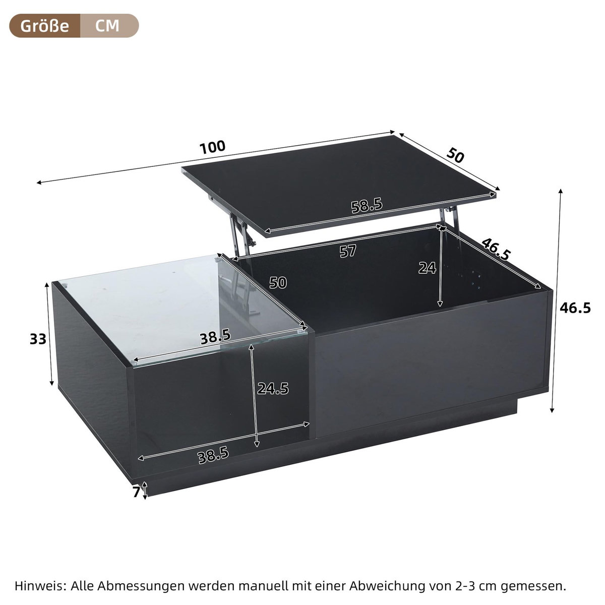 MERAX Table Basse Avec 1 Plateau Réglable Et LED 100 X 50 X 46.5cm
