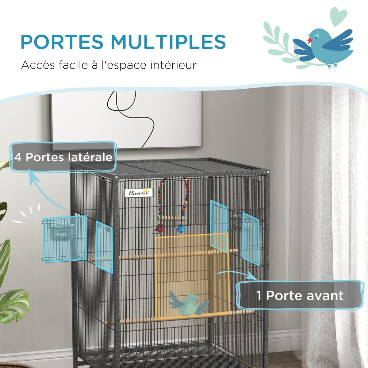 PAWHUT Cage à oiseaux sur roulettes - volière mobile - nombreux accessoires - dim. 48x46x74cm - acier époxy gris noir