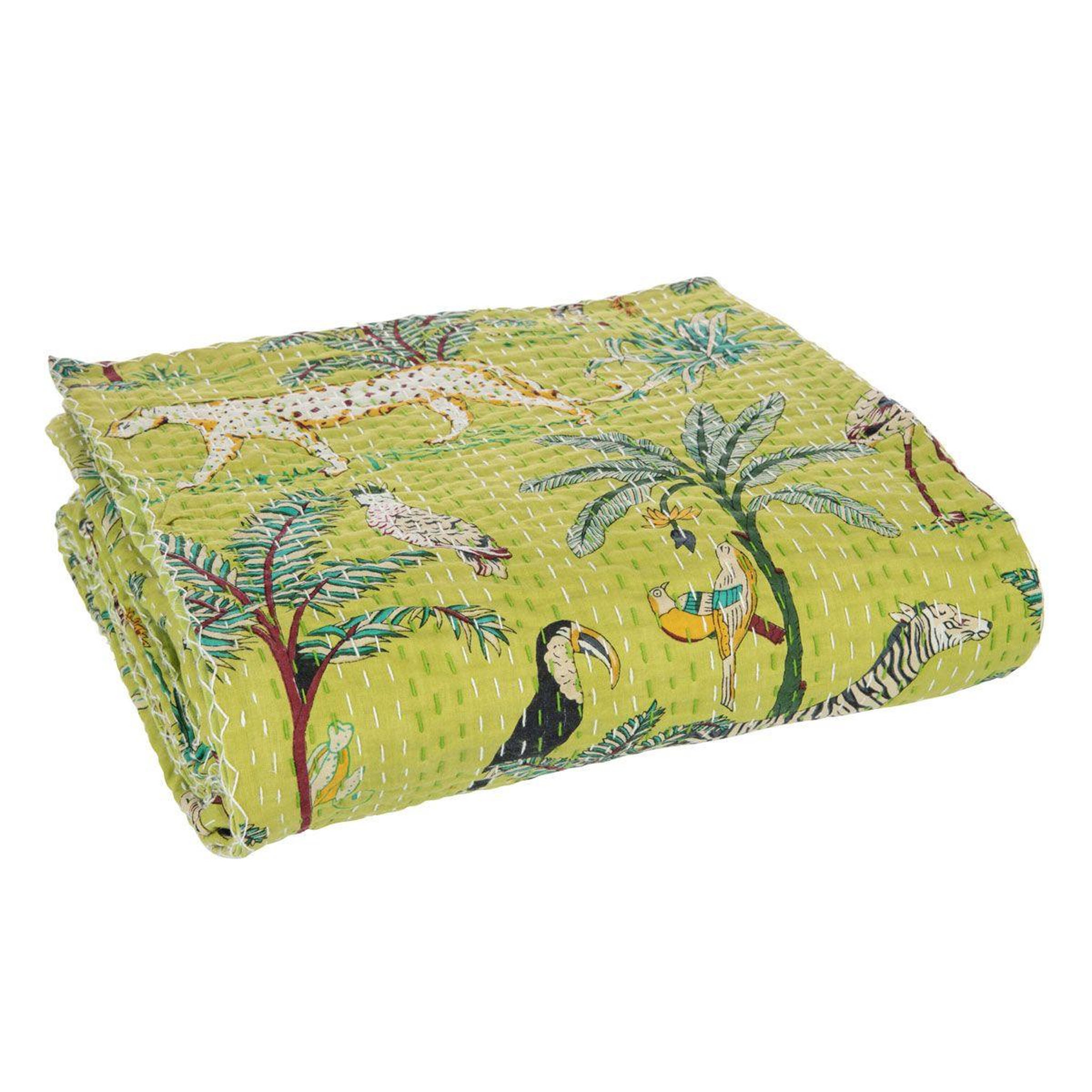 Voir la diapositive 1 : J-LINE Plaid en coton imprimé  exotique  220x270cm vert