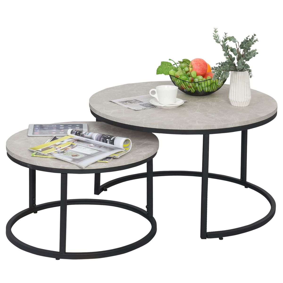 HOMCOM Lot de 2 tables basses rondes gigogne empilables plateau MDF gris et pieds en métal noir