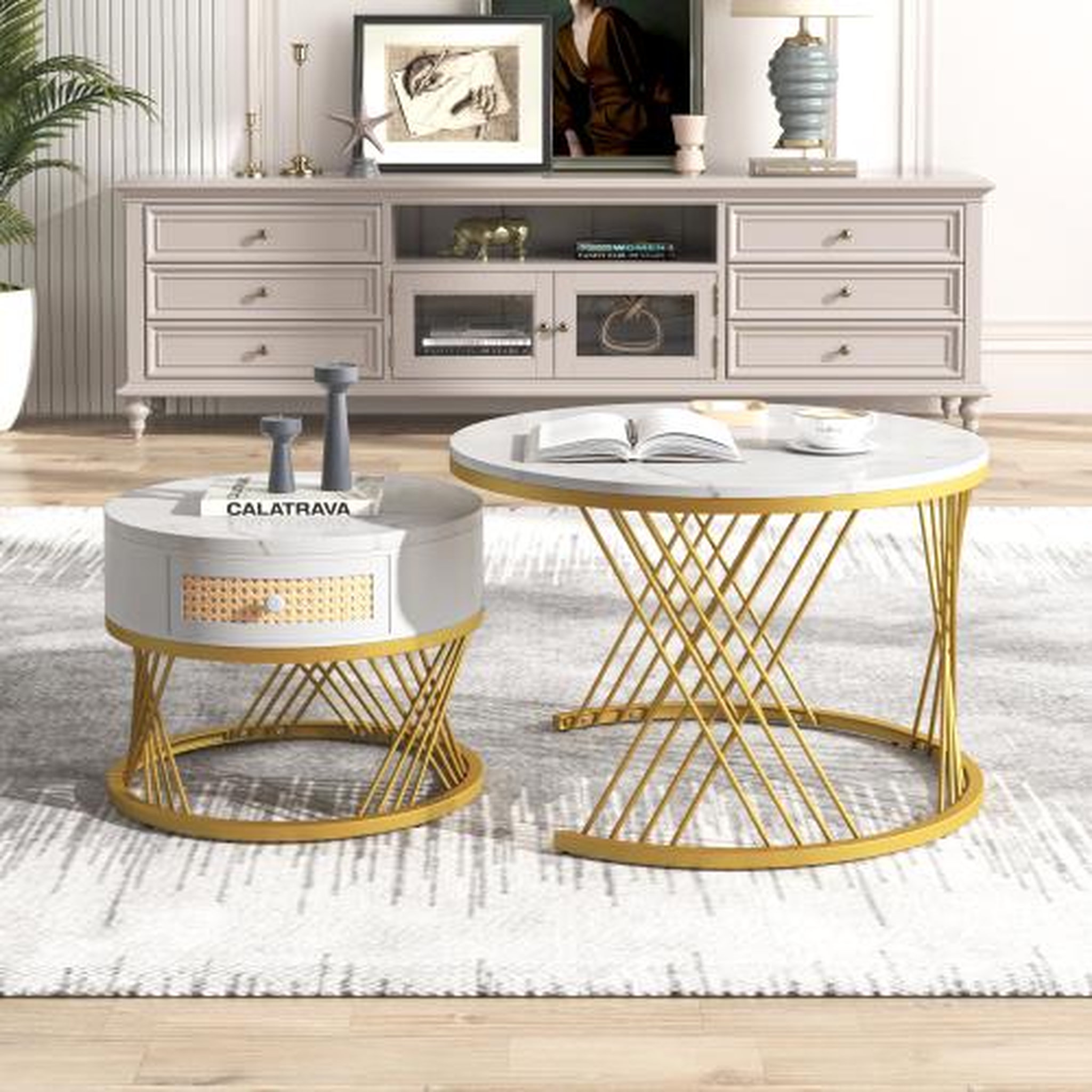 Voir la diapositive 2 : MERAX Table basse gigogne ronde blanc+doré - 70x70 cm mdf