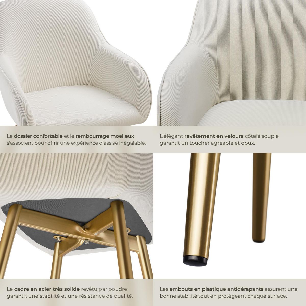 tectake Chaise de salle à manger rembourrée en velours côtelé crème/or Lot de 6