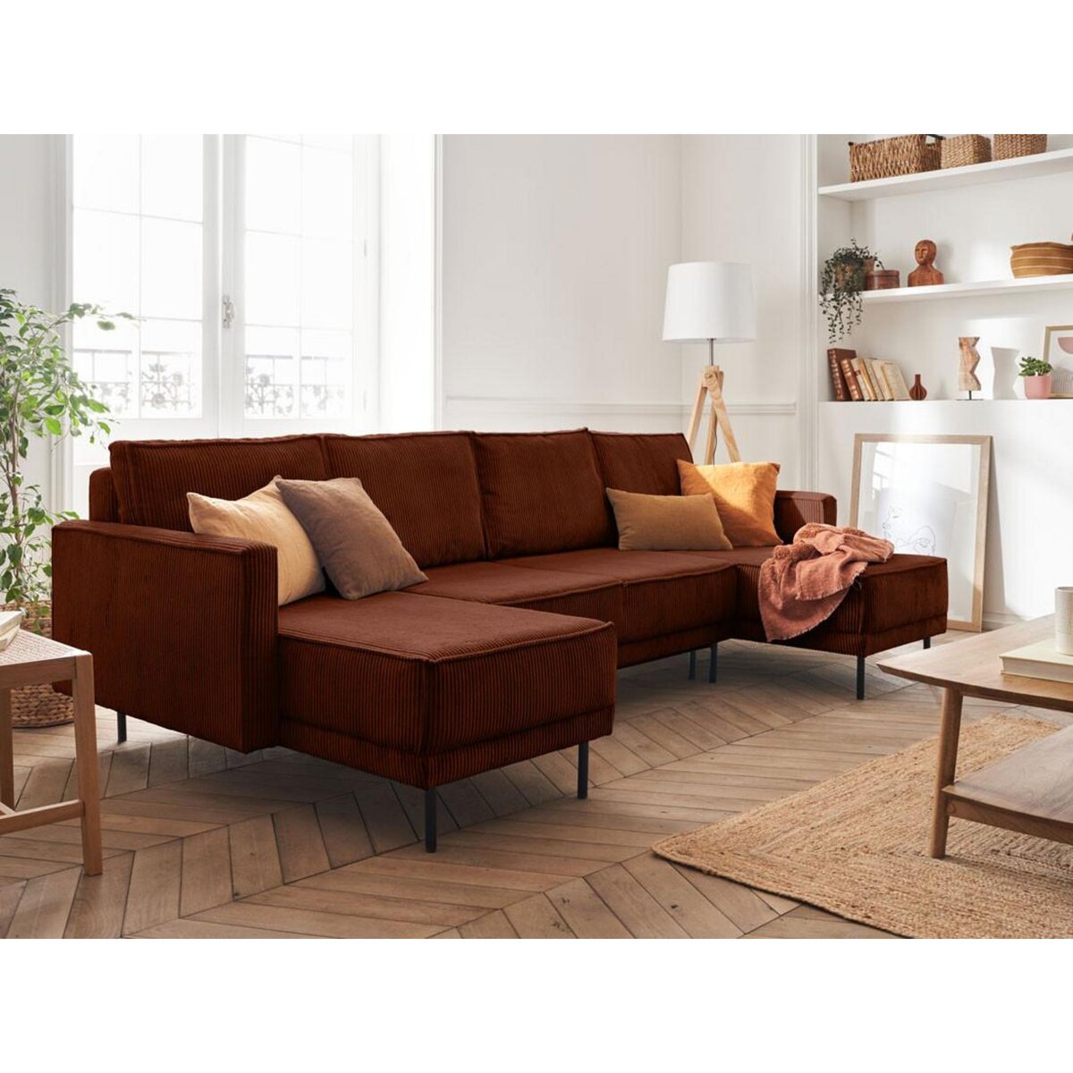 LISA DESIGN Charlie - canapé panoramique en u - 7 places - convertible avec coffre - en velours côtelé