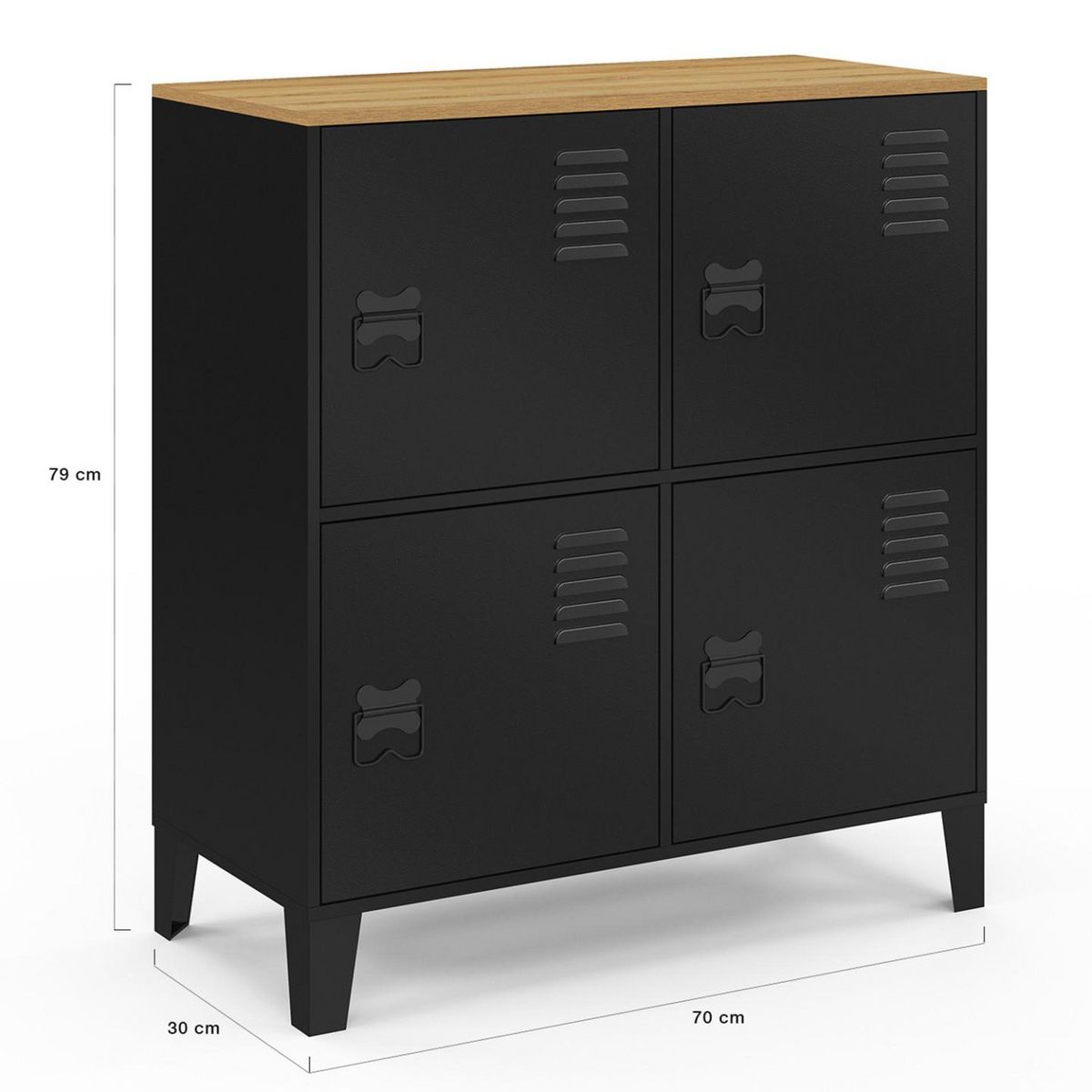 ID MARKET Buffet d'appoint casier 70 cm ESTER 4 portes en métal noir plateau bois design industriel