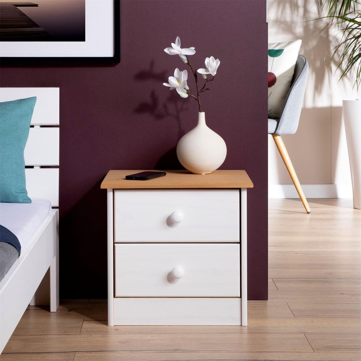 IDIMEX Table de chevet en pin RONDO, 2 tiroirs