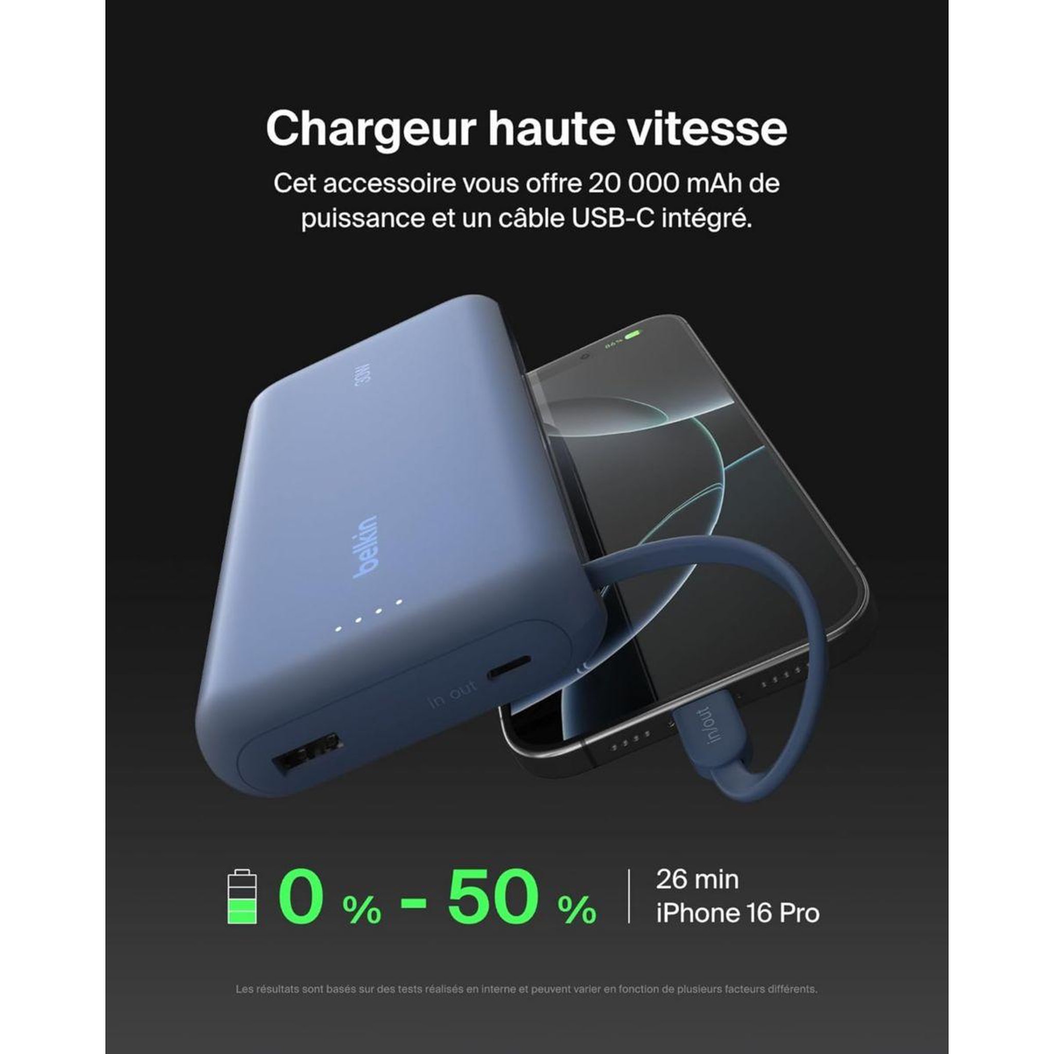 Voir la diapositive 5 : Belkin Batterie externe 20000 mah avec cable usb-c intégre bleu