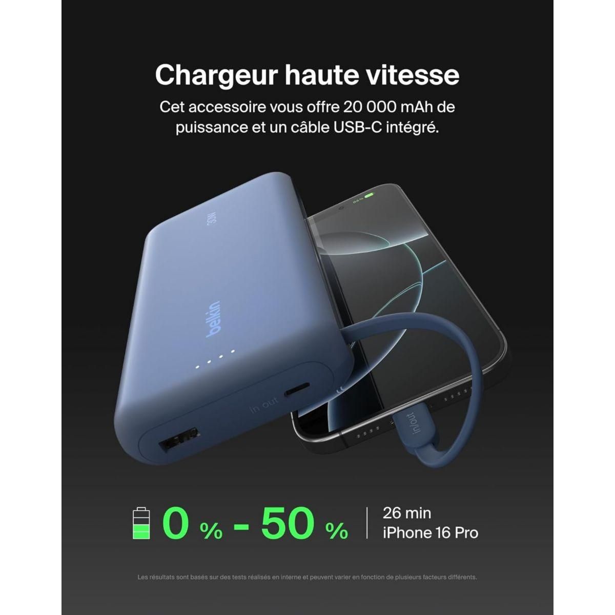 Belkin Batterie externe 20000 mAh avec cable USB-C intégre bleu