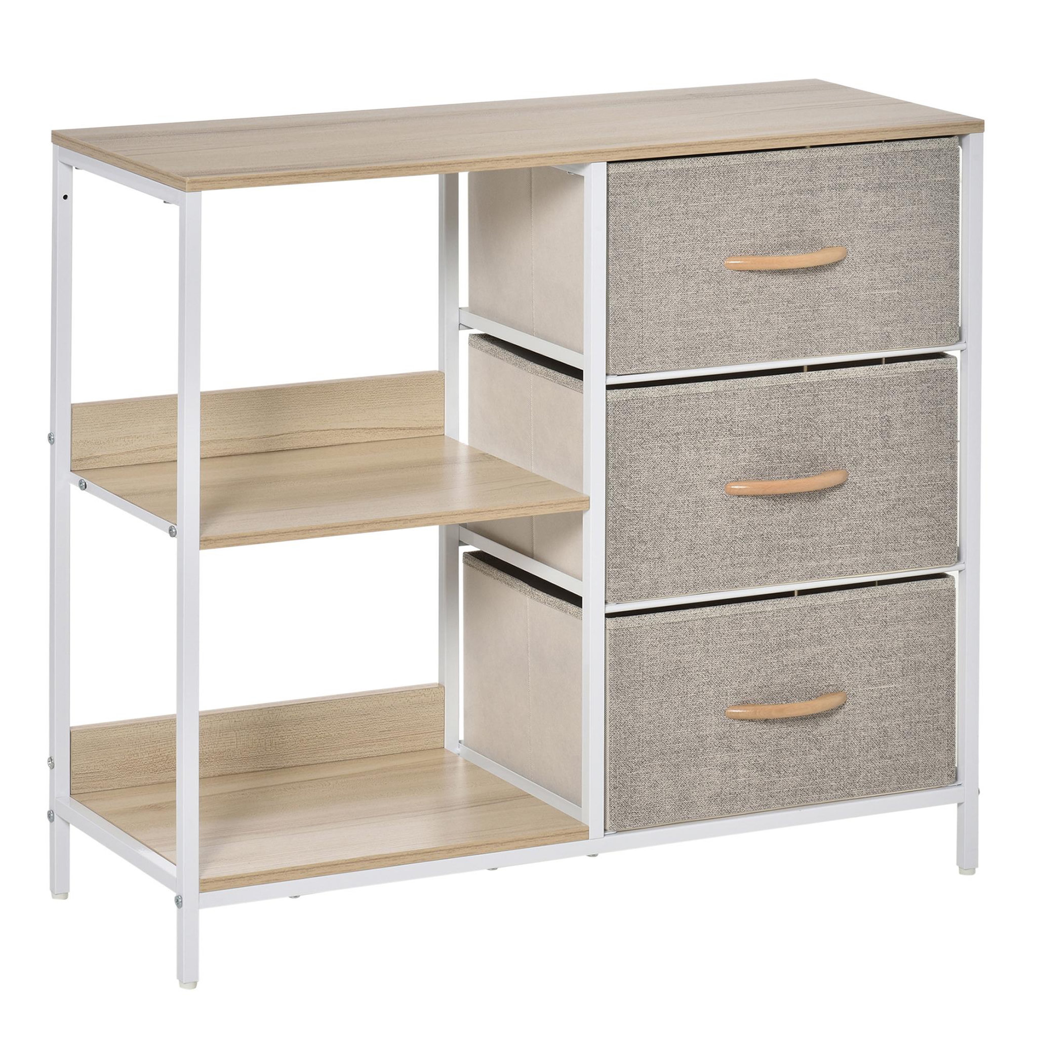 Voir la diapositive 1 : HOMCOM Meuble de rangement commode design - 3 tiroirs, 2 étagères - métal MDF non tissé beige