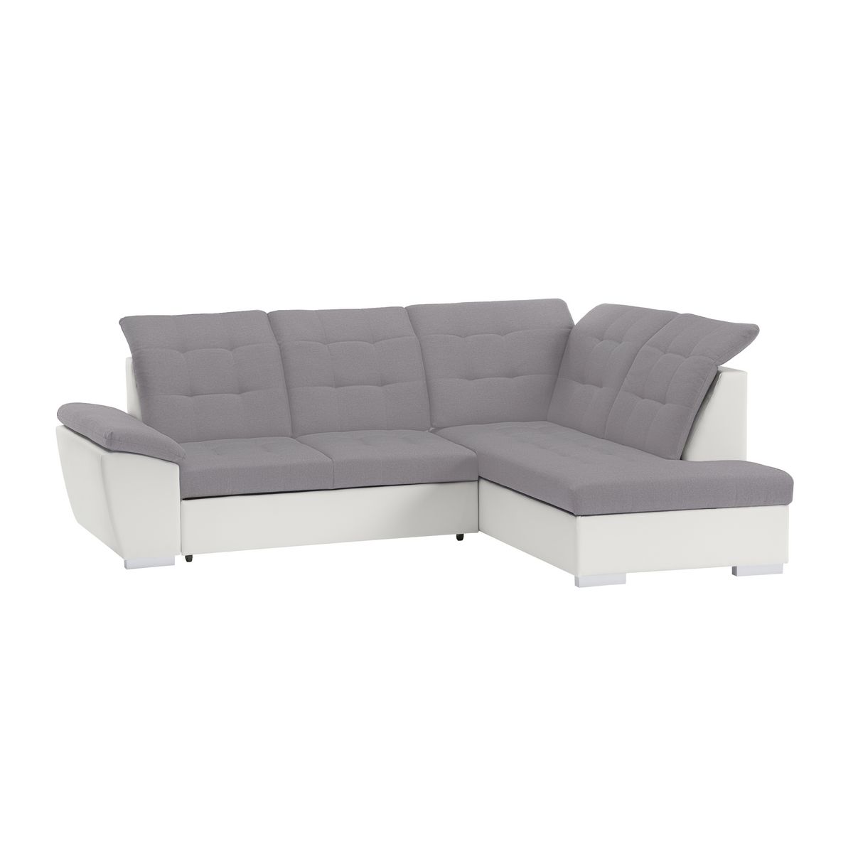 Canapé d'angle gauche convertible avec coffre et repose tête réglable en tissu gris + pu  blanc RECITAL
