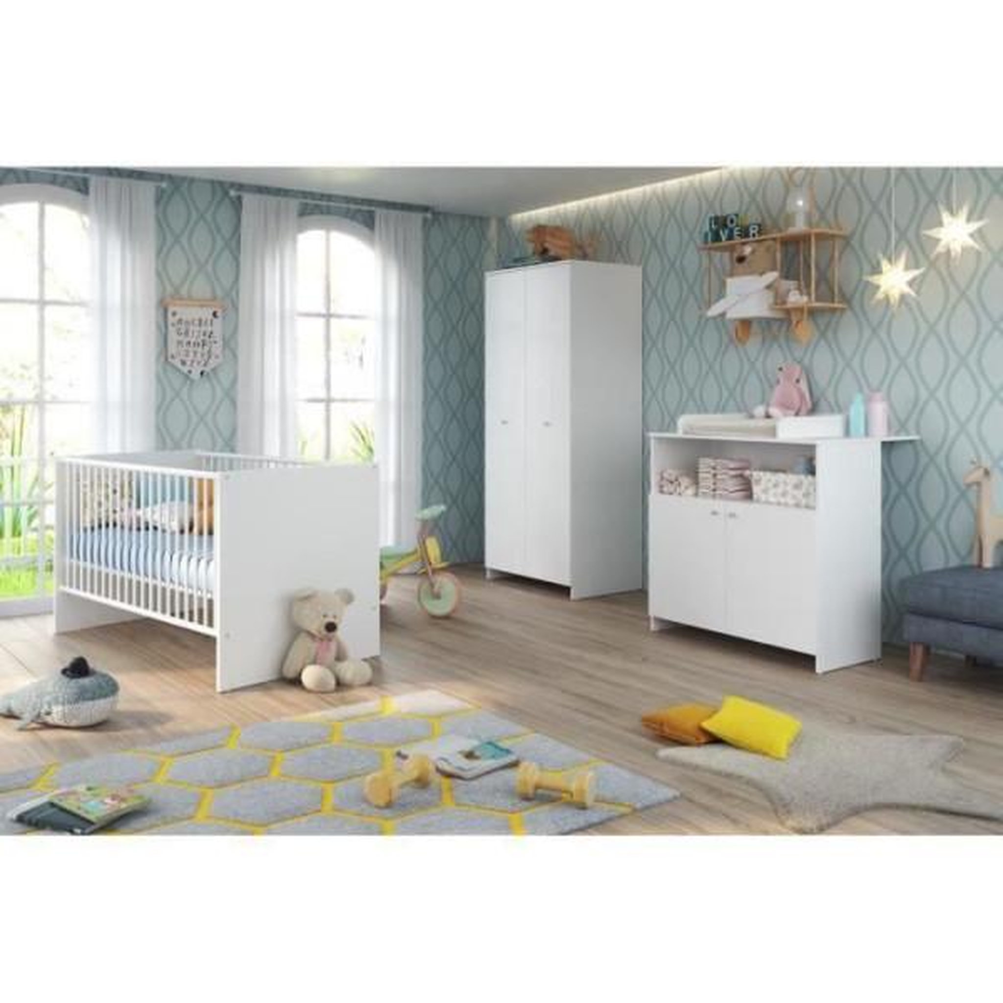 Trendteam Chambre bébé Trio : Lit 70 x 140 cm + Commode a langer + Armoire NIKO - Blanc - TREND TEAM