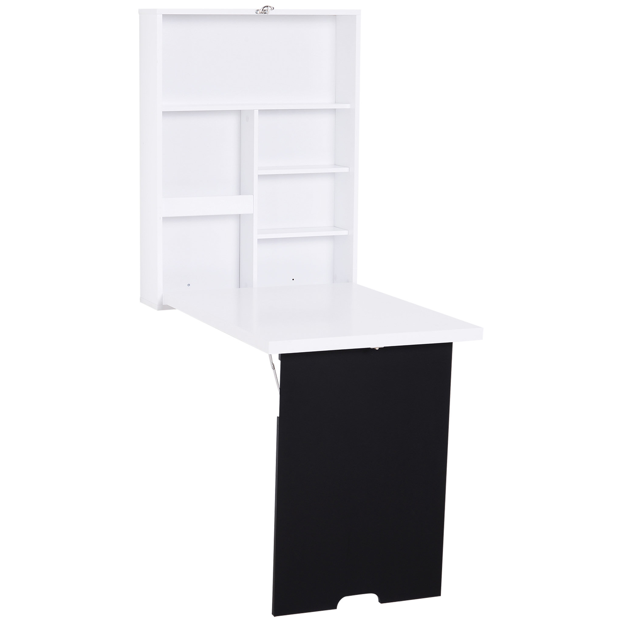 Voir la diapositive 1 : HOMCOM Bureau mural pliable table murale rabattable suspendue sur pied étagère + tableau à craie intégré MDF blanc