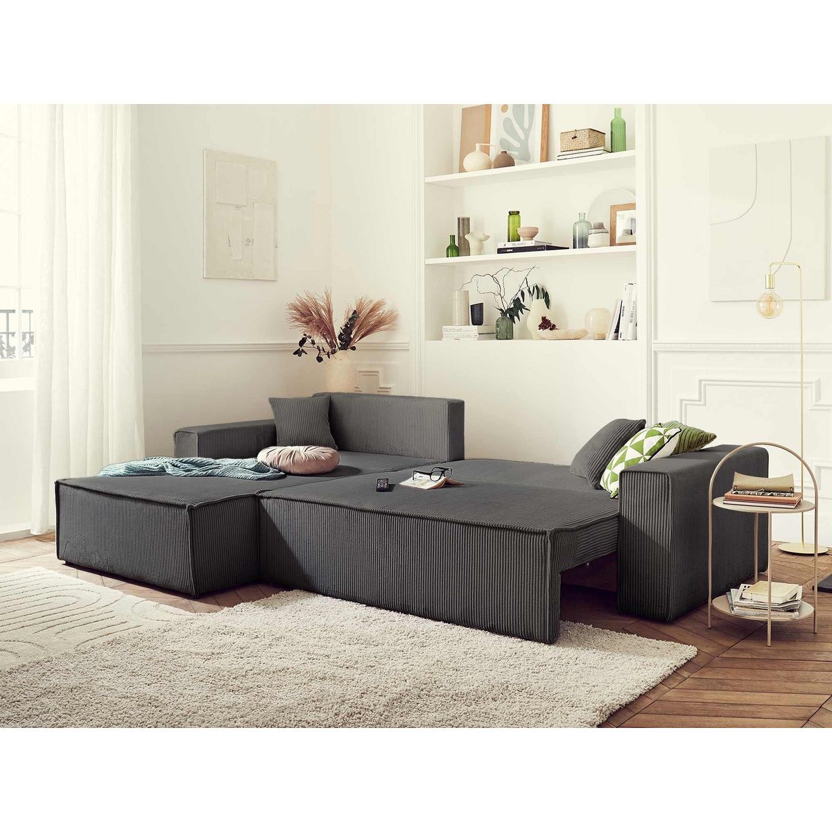 BEST MOBILIER Dellia - canapé d'angle réversible convertible - avec coffre - en velours côtelé - 4 places