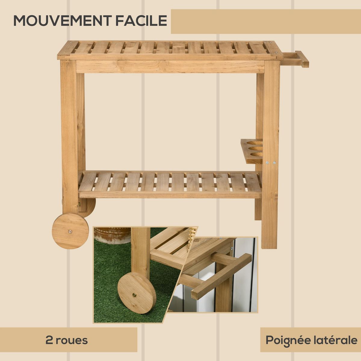 OUTSUNNY Desserte de jardin - desserte pour plancha - étagère, 3 porte-bouteilles, 2 roues, poignée - bois sapin pré-huilé
