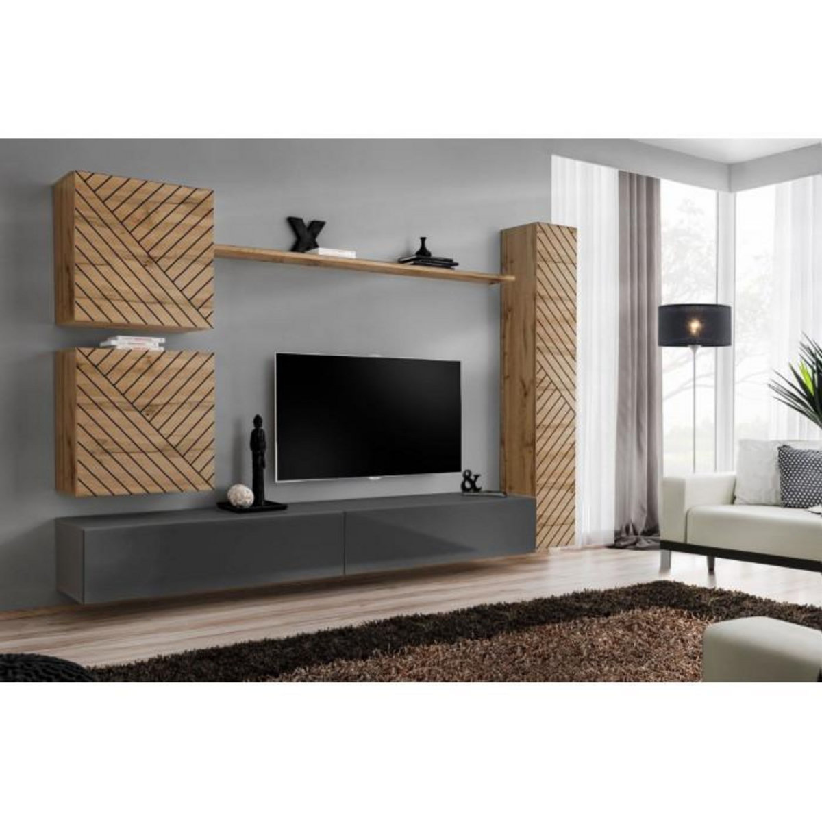 Paris Prix Ensemble Meuble TV  Switch Lamel VIII  280cm Gris & Naturel