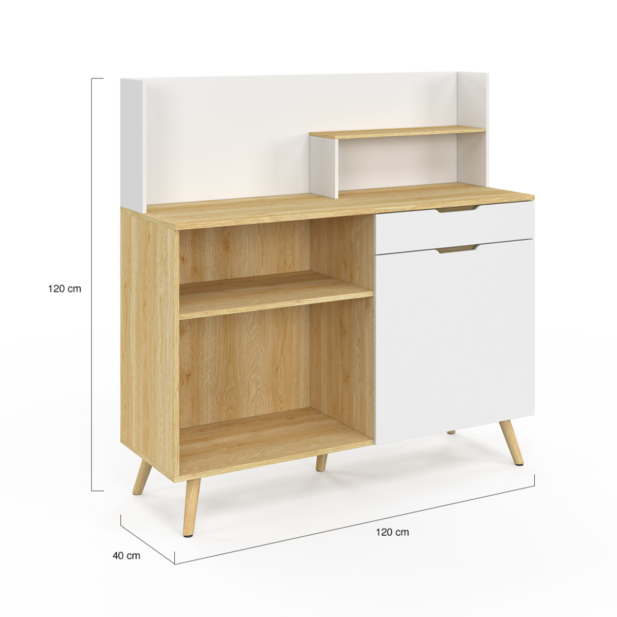ID MARKET Buffet bas de cuisine 120 CM OLAF plan de travail H.83 cm 1 porte + 1 tiroir façon hêtre et blanc