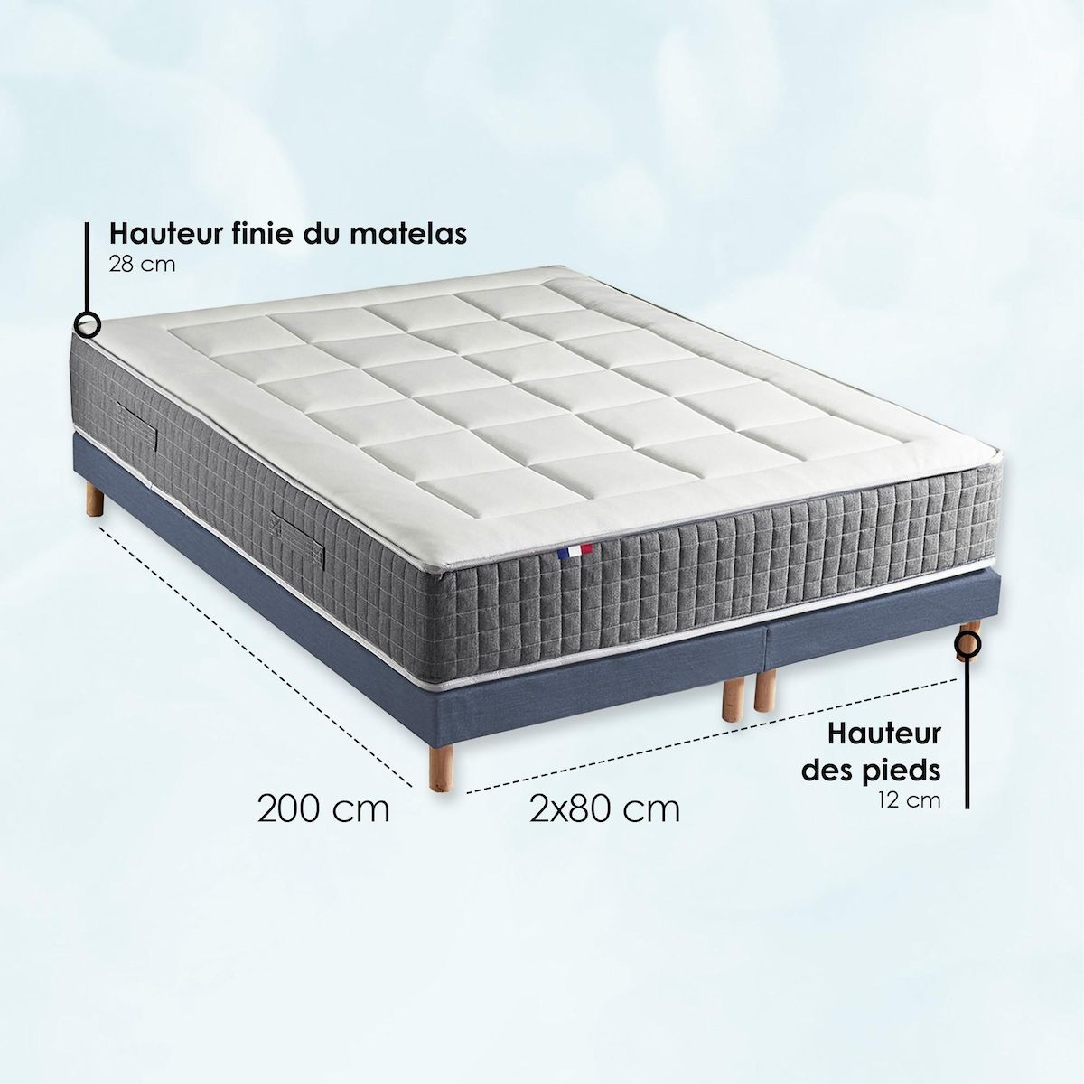 IDLITERIE Ensemble Matelas Ressort 7 zones H.28cm + Sommier + couette + oreillers Fabriqué en France MAX