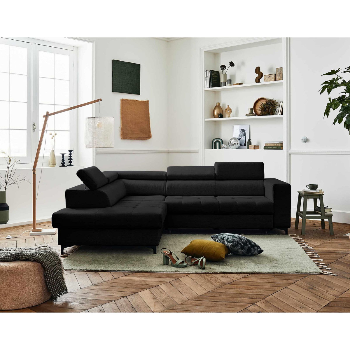 LISA DESIGN Olinda - canapé d'angle gauche - 5 places - convertible avec coffre et têtières réglables - en tissu