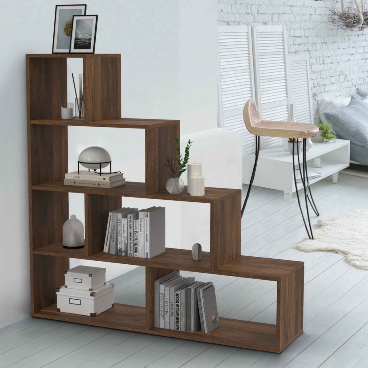 ID MARKET Bibliothèque escalier LINA effet noyer