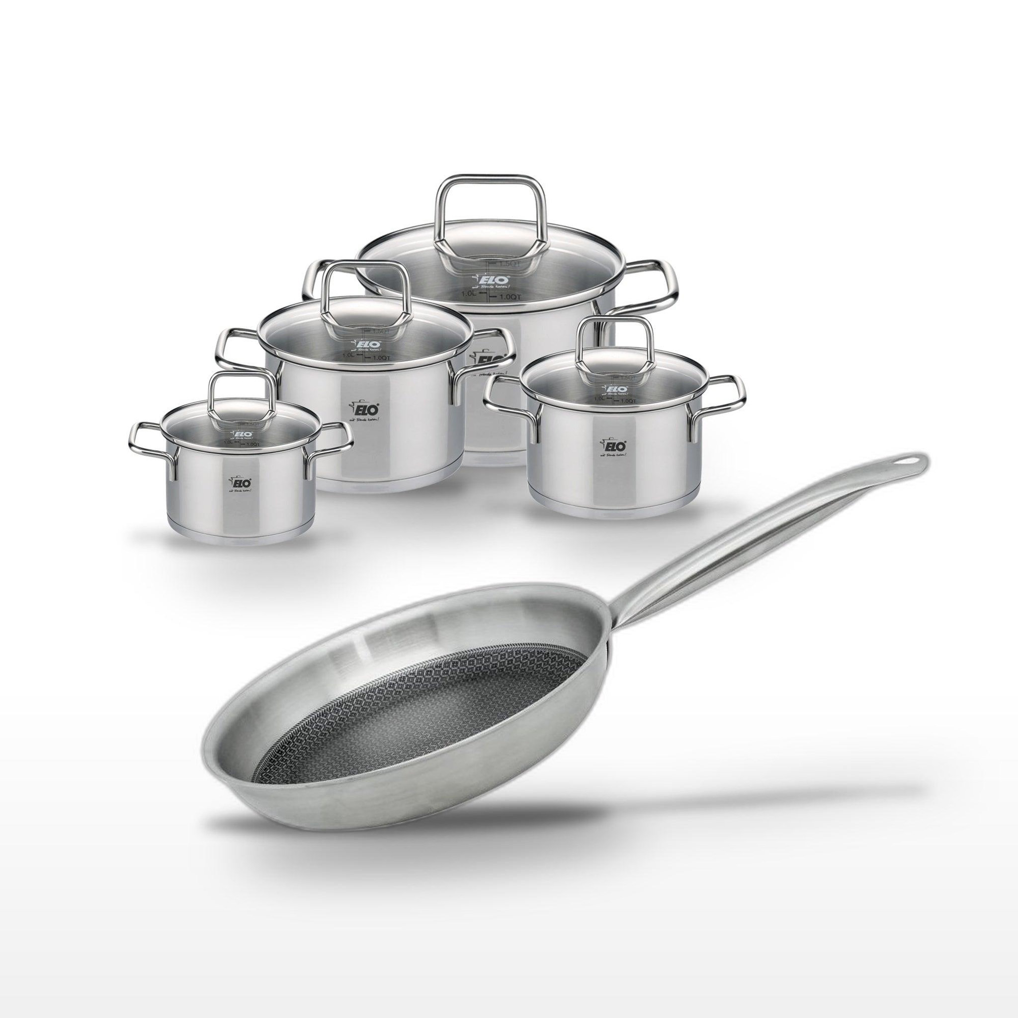 ELO Batterie de cuisine 2× faitout 12/14 cm 1× faitout 16 cm 1× faitout 20 cm 1× poêle 24 cm en inox elo collection relief solution citrin