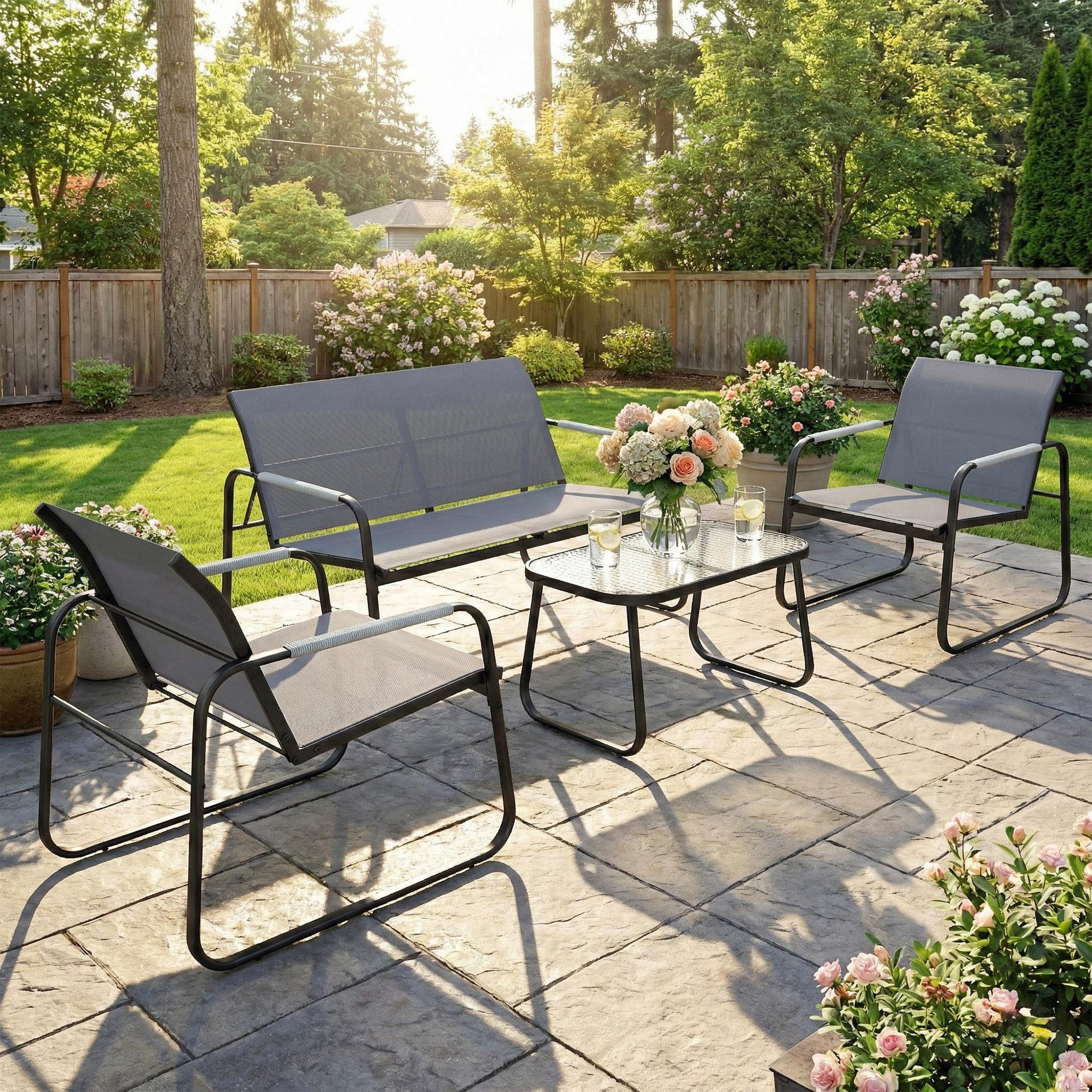 Voir la diapositive 6 : OUTSUNNY Salon de jardin style yachting 4 personnes 4 pièces plateau verre trempé