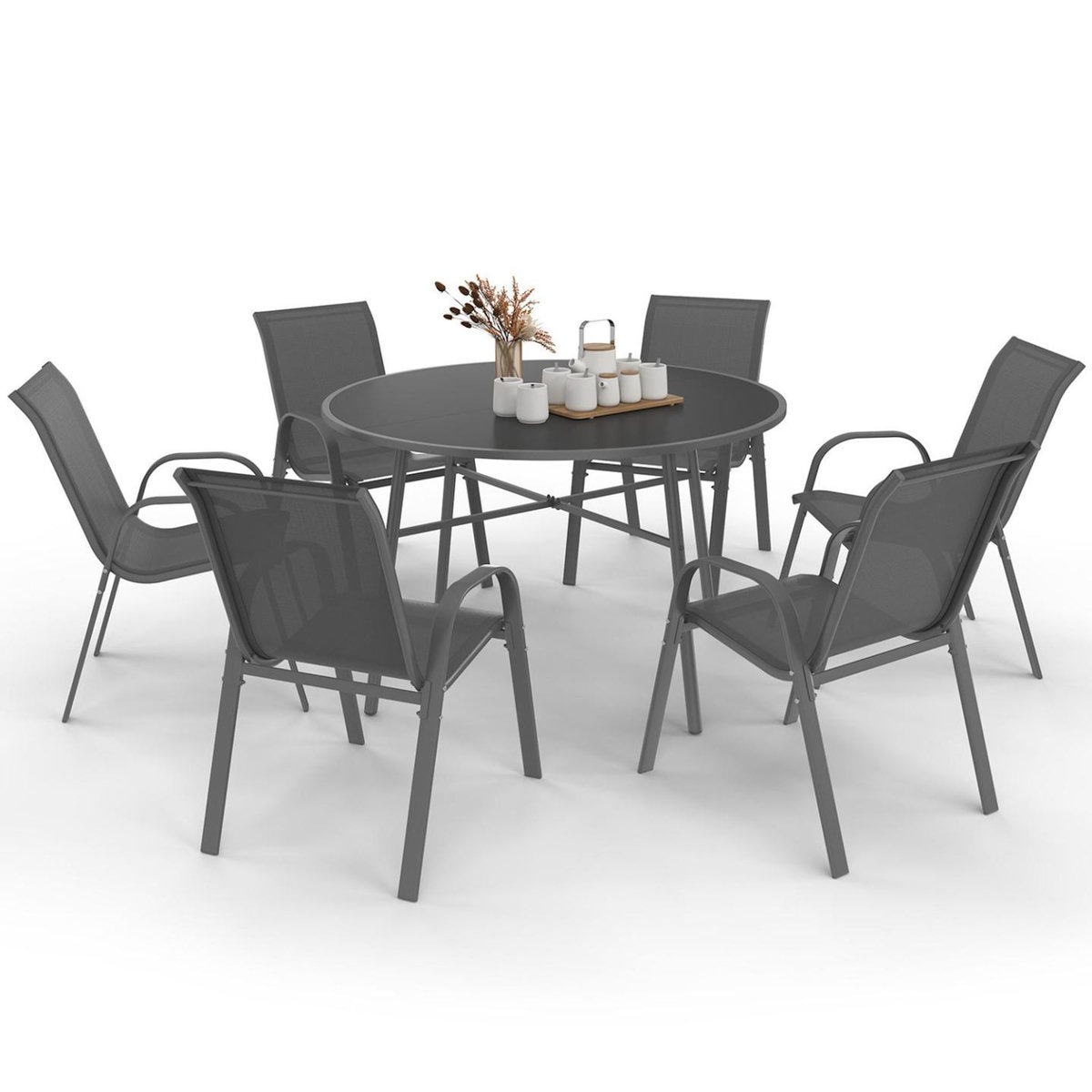 ID MARKET Salon de jardin MADRID table ronde 120 CM et 6 chaises empilables gris anthracite