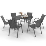 ID MARKET Salon de jardin MADRID table ronde 120 CM et 6 chaises empilables gris anthracite