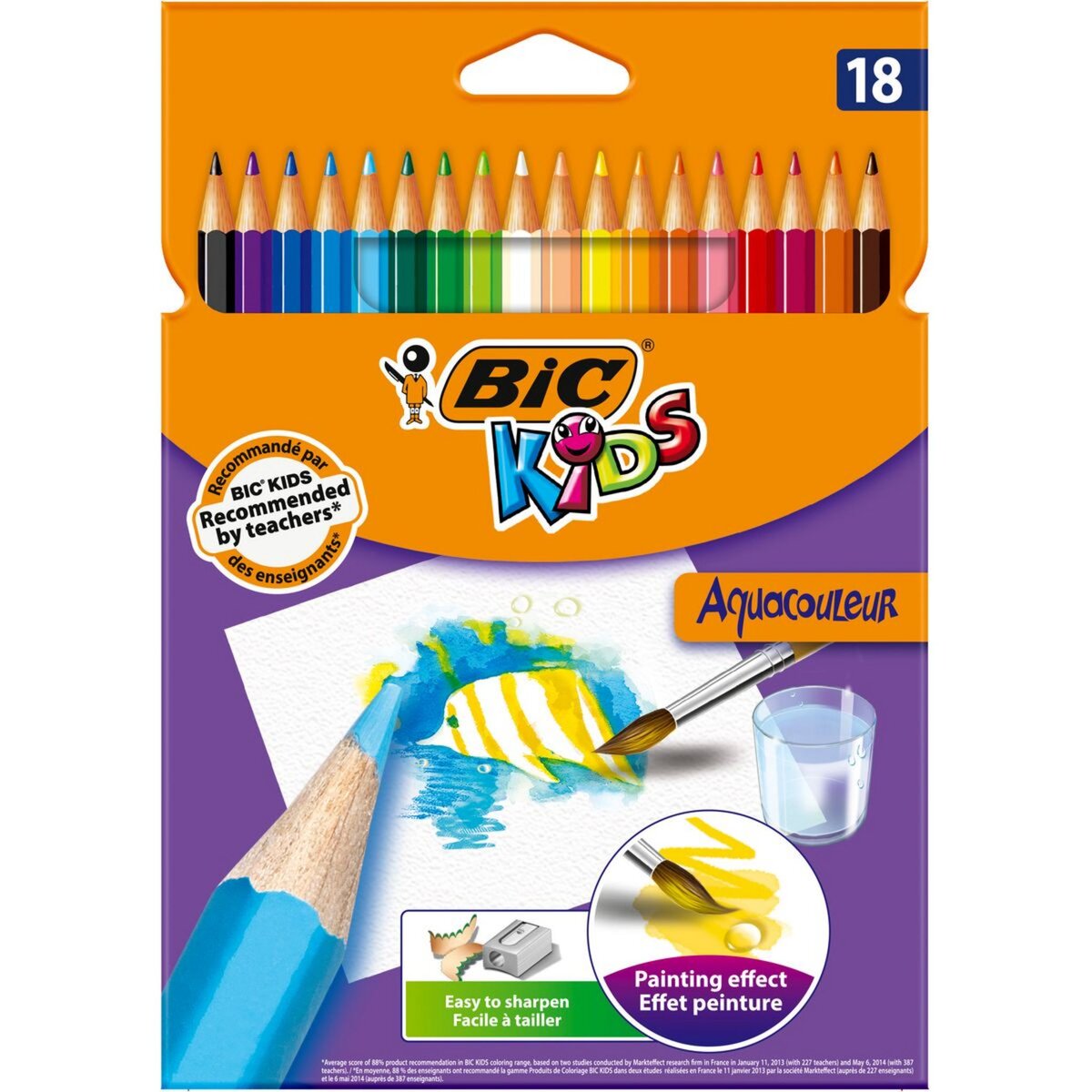 BIC Boîte de 18 crayons de couleur effet peinture Kids Aquacouleur