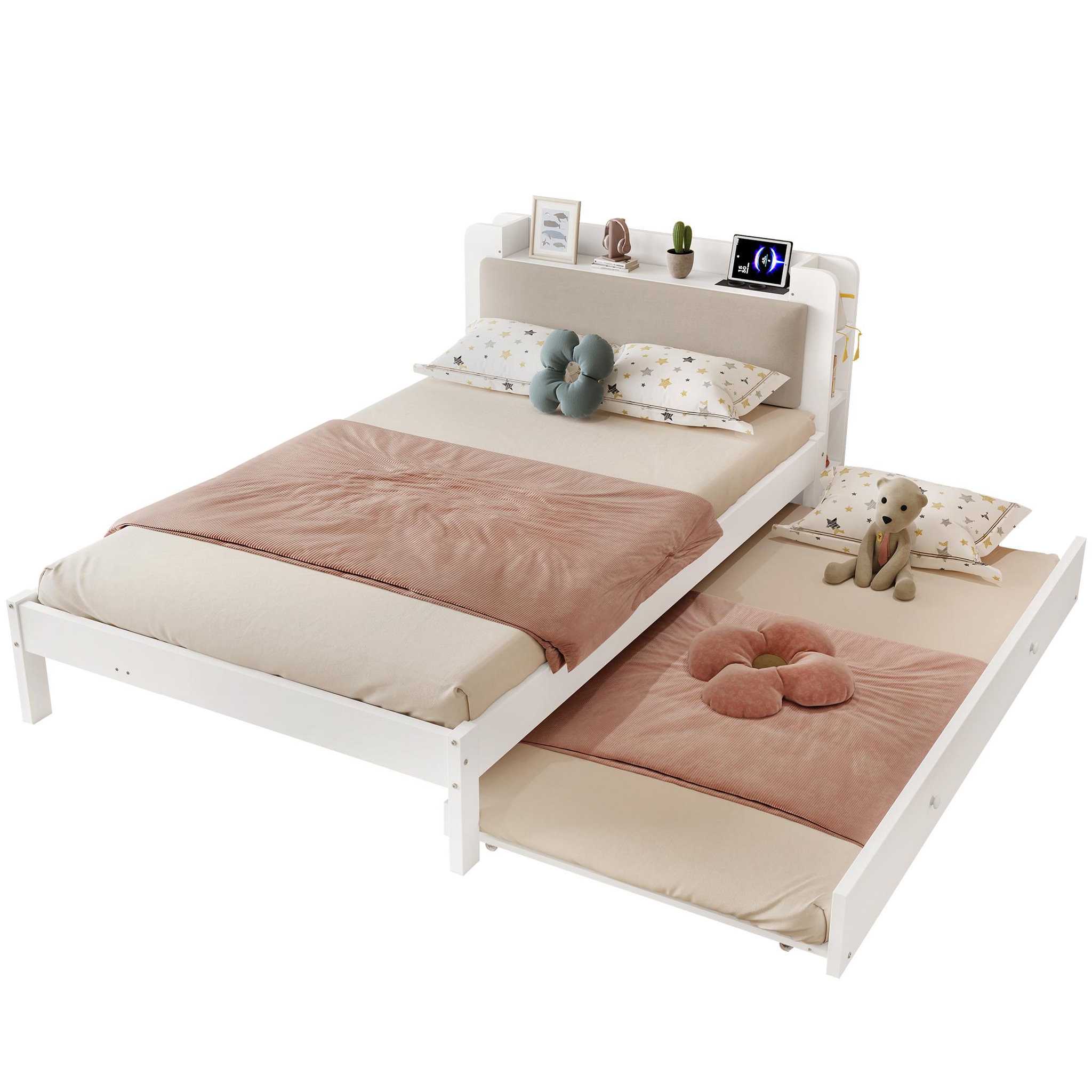 MERAX Lit gigogne 120x200 cm avec lit tiroir 90x190 cm tête de lit rembourrée rangement blanc