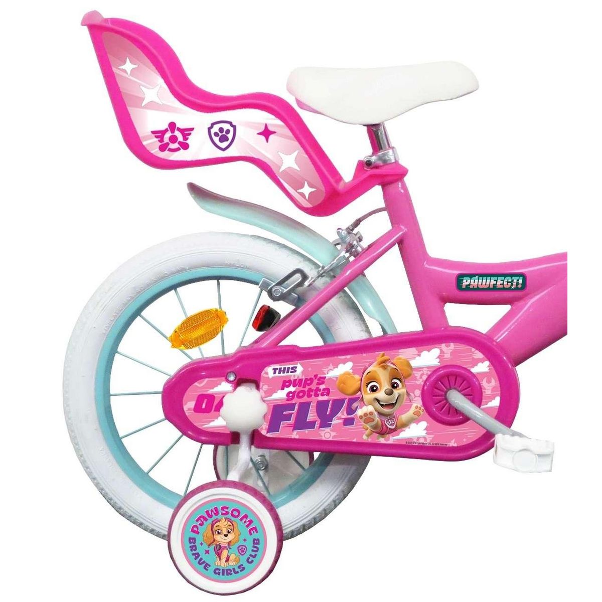 Nickelodeon Vélo enfant - Modèle 14'' Pat Patrouille à l'effigie de Stella + Casque pour enfant de 95/110 cm avec stabilisateurs - Panier avant - Porte poupée arrière - 2 freins