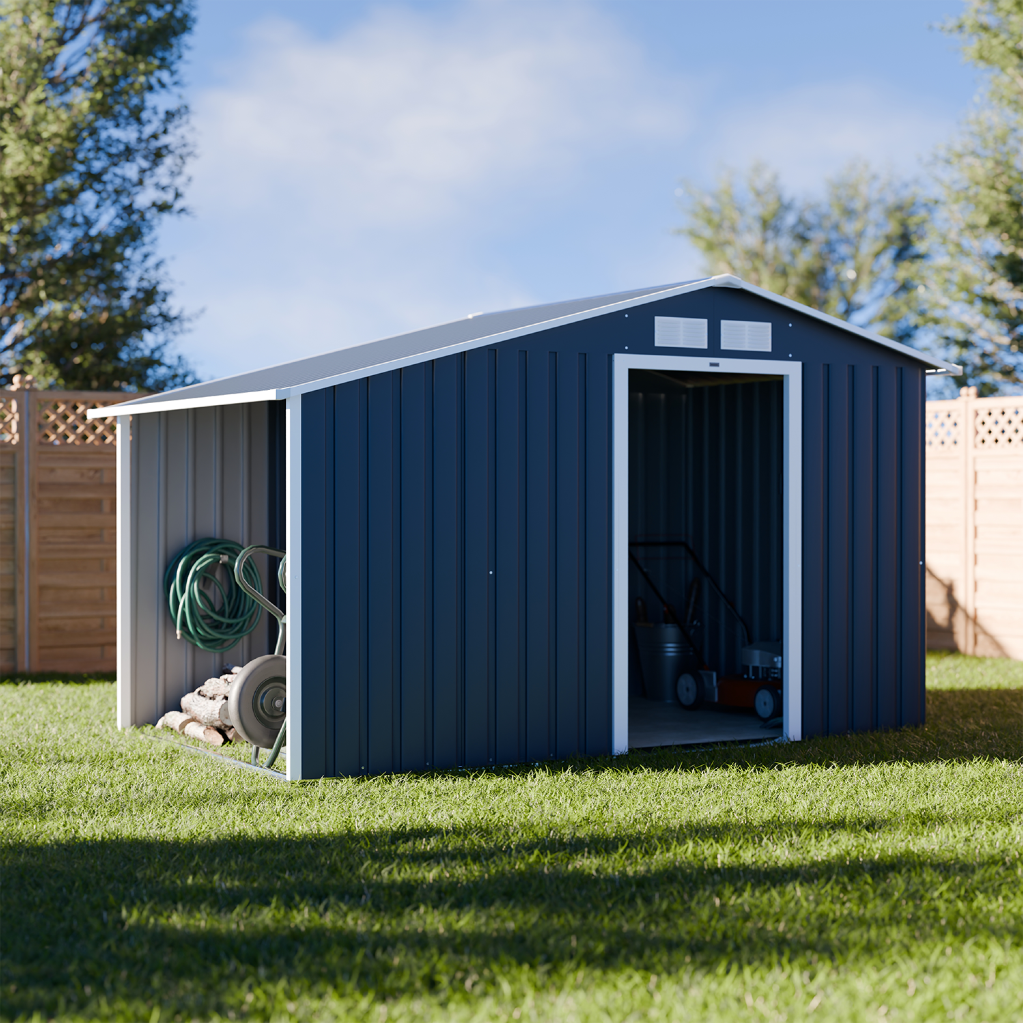 Voir la diapositive 3 : SWEEEK Abri de jardin métal 5.42 m² - Scarpe - Anthracite. en acier galvanisé - Avec espace de rangement. abri bûches - Double porte coulissante. toiture double pente. L 278 x P 195 x H 195 cm