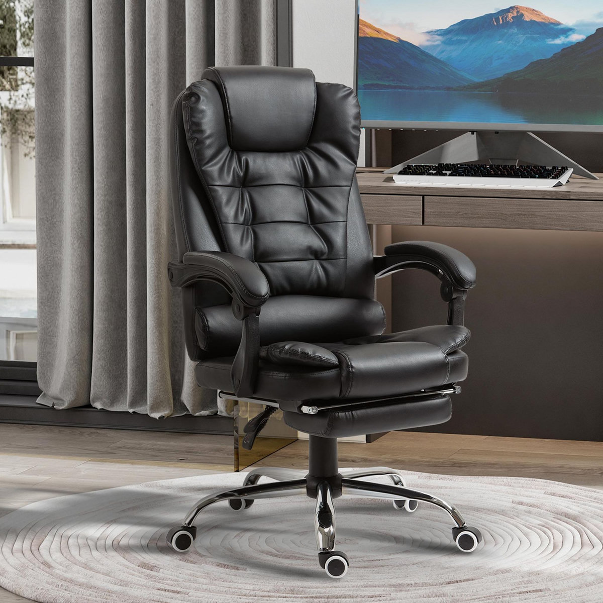 HOMCOM Fauteuil de bureau fauteuil manager grand confort réglable dossier inclinable repose-pied revêtement synthétique noir