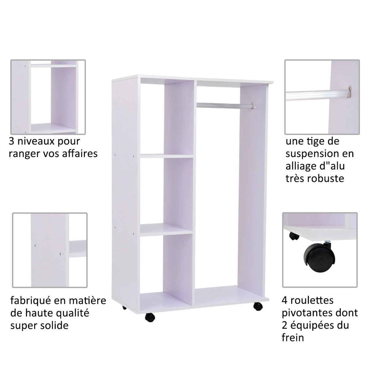 HOMCOM Portant à vêtements penderie mobile avec roulettes 3 étagères latérales + grand espace penderie panneaux particules blanc