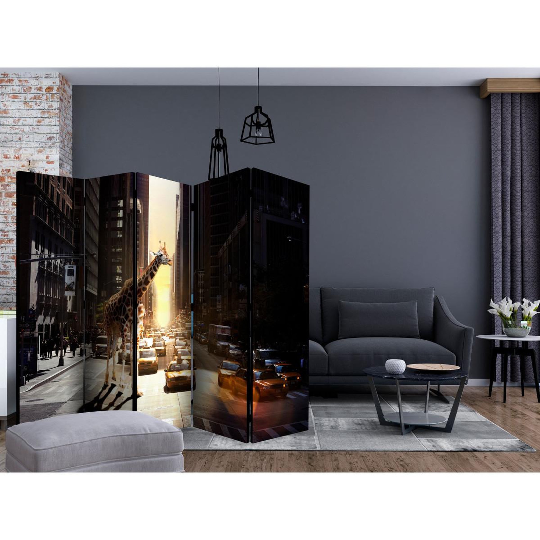 Voir la diapositive 2 : Paris Prix Paravent 5 volets  giraffe in the big city  172x225cm