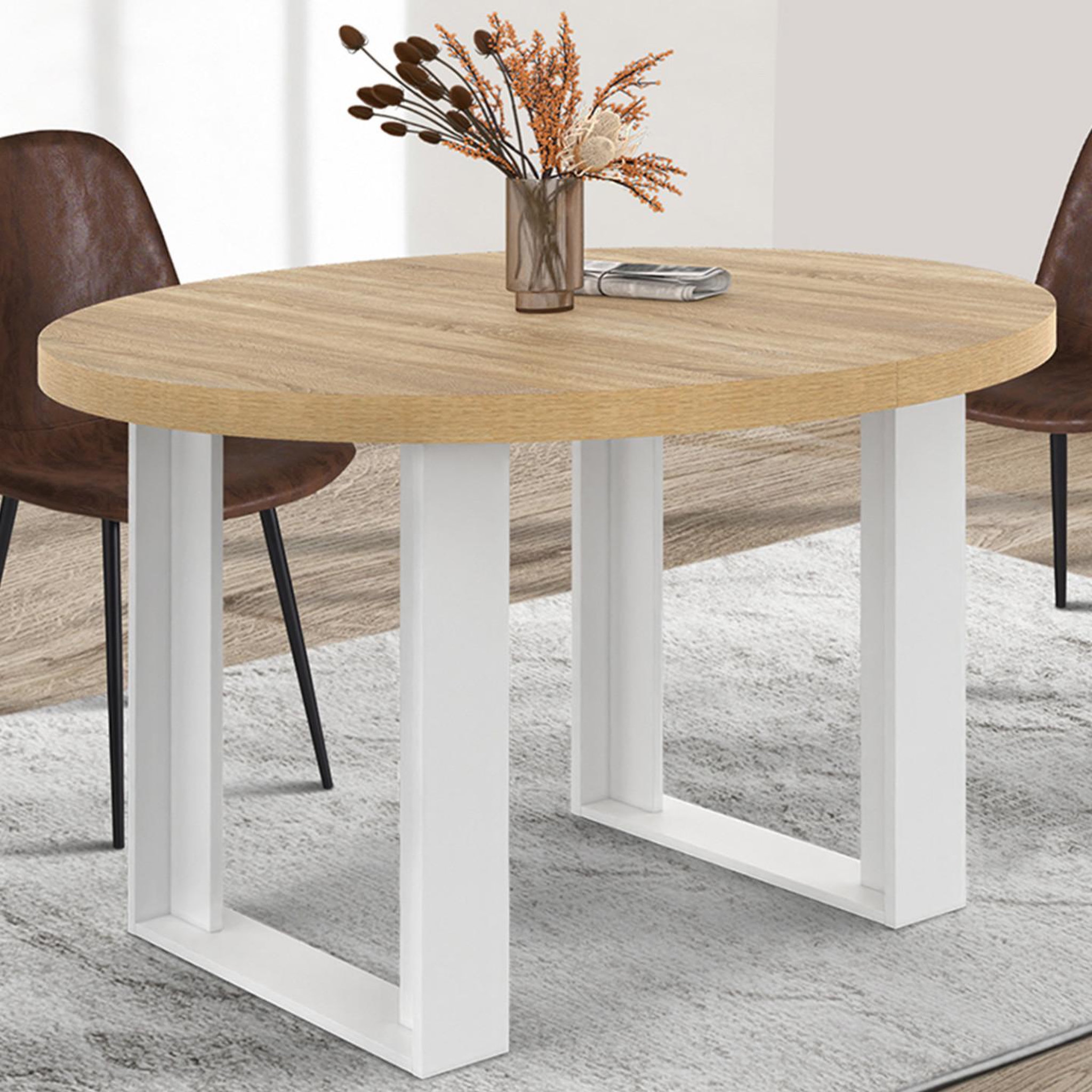 Voir la diapositive 2 : ID MARKET Table à manger fixe ronde phoenix 4 personnes bois et blanc 110 cm