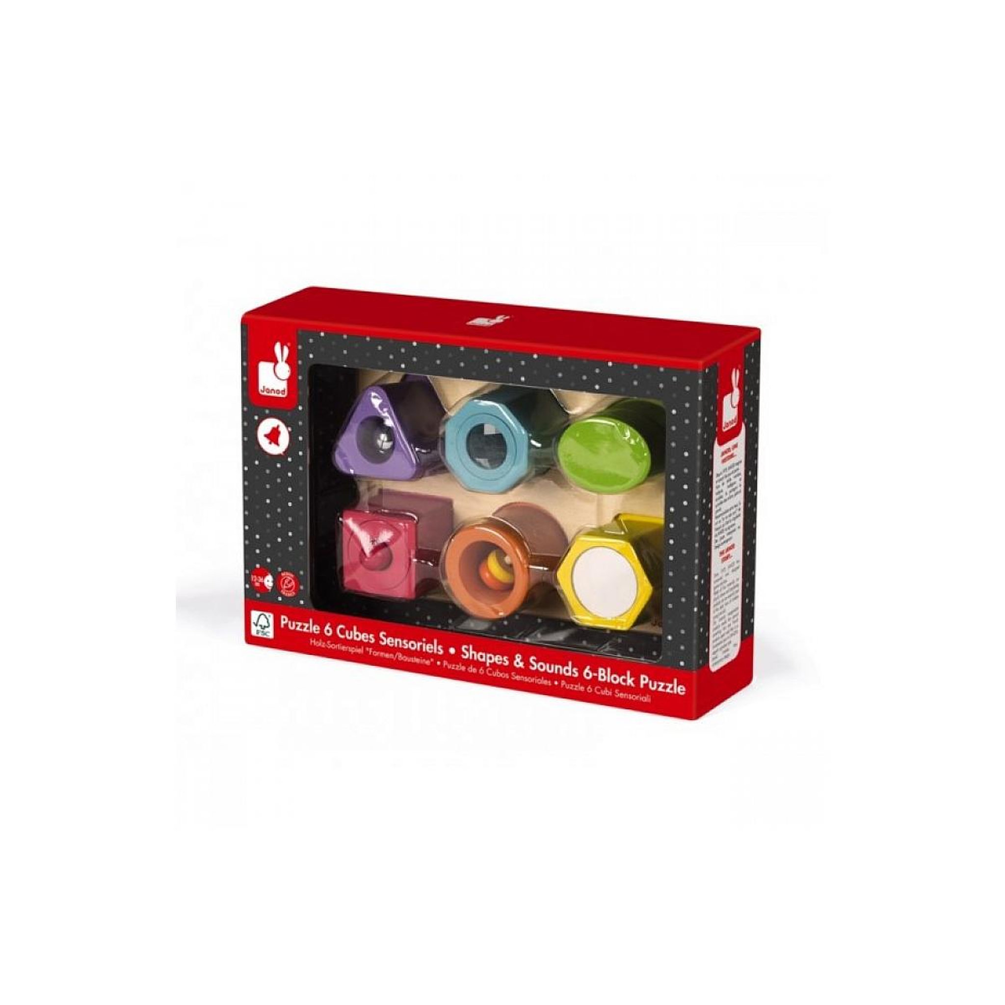 Voir la diapositive 2 : Juratoys-Janod Puzzle 6 cubes sensoriels bois