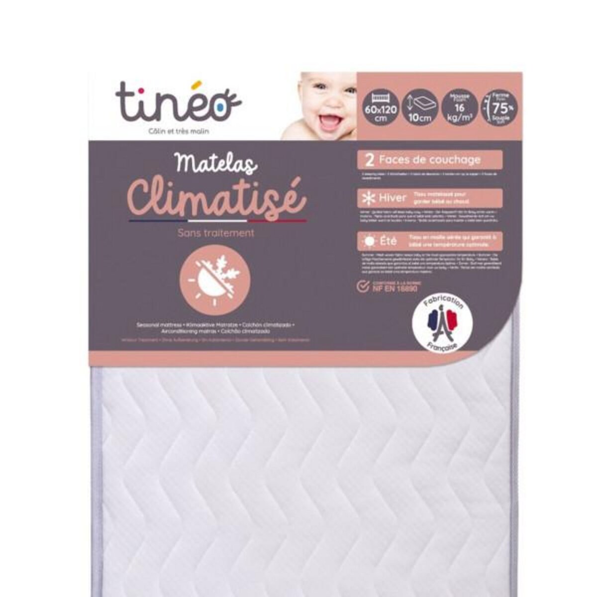 TINEO Matelas Climatisé TINEO 60x120x10cm - Matelas Bébé - Climatisé - 1 Face Été - 1 Face Hiver - Sans Traitement - Fabriqué E