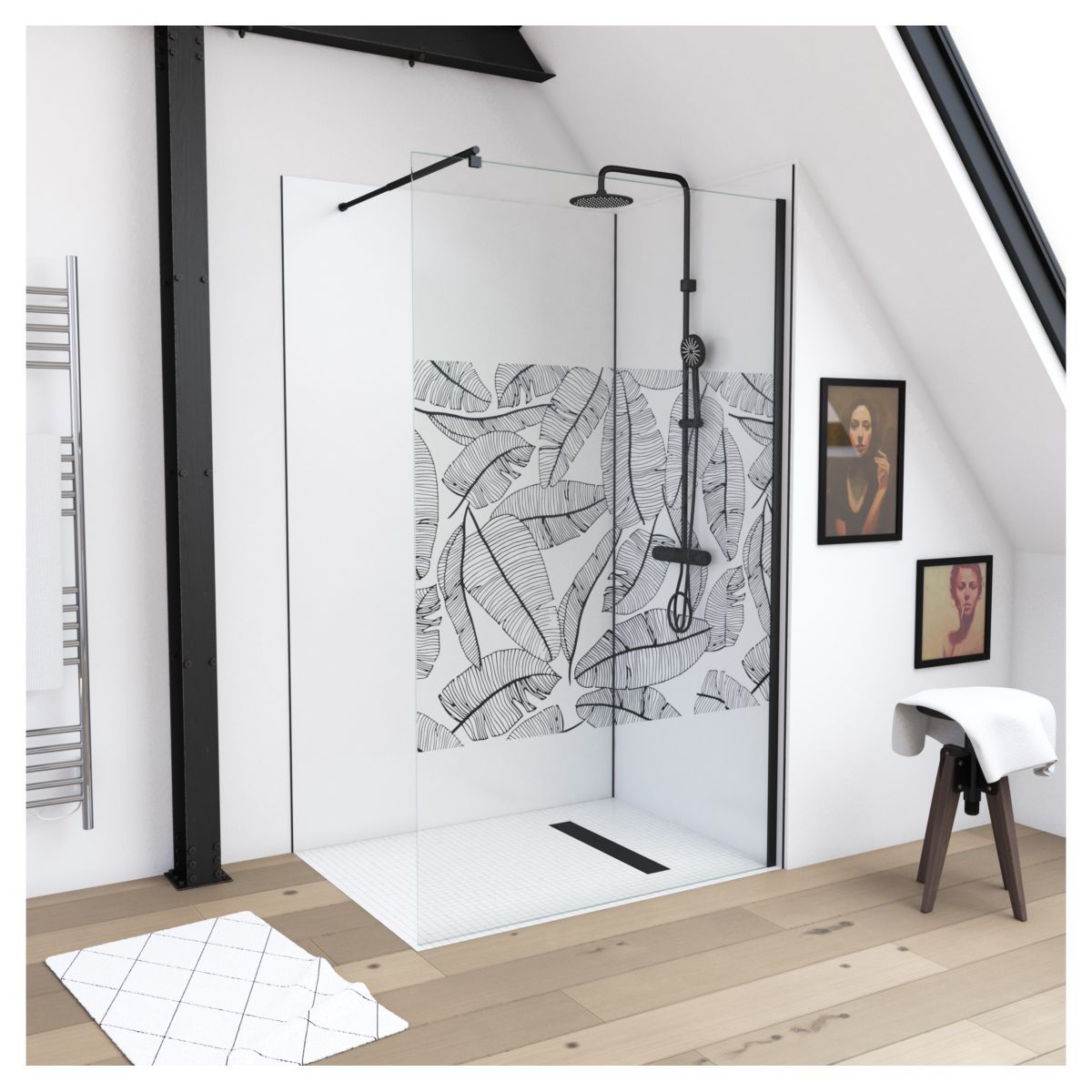 Paroi de douche à l'italienne motif feuillage noir 120x195 cm - JUNGLE 120