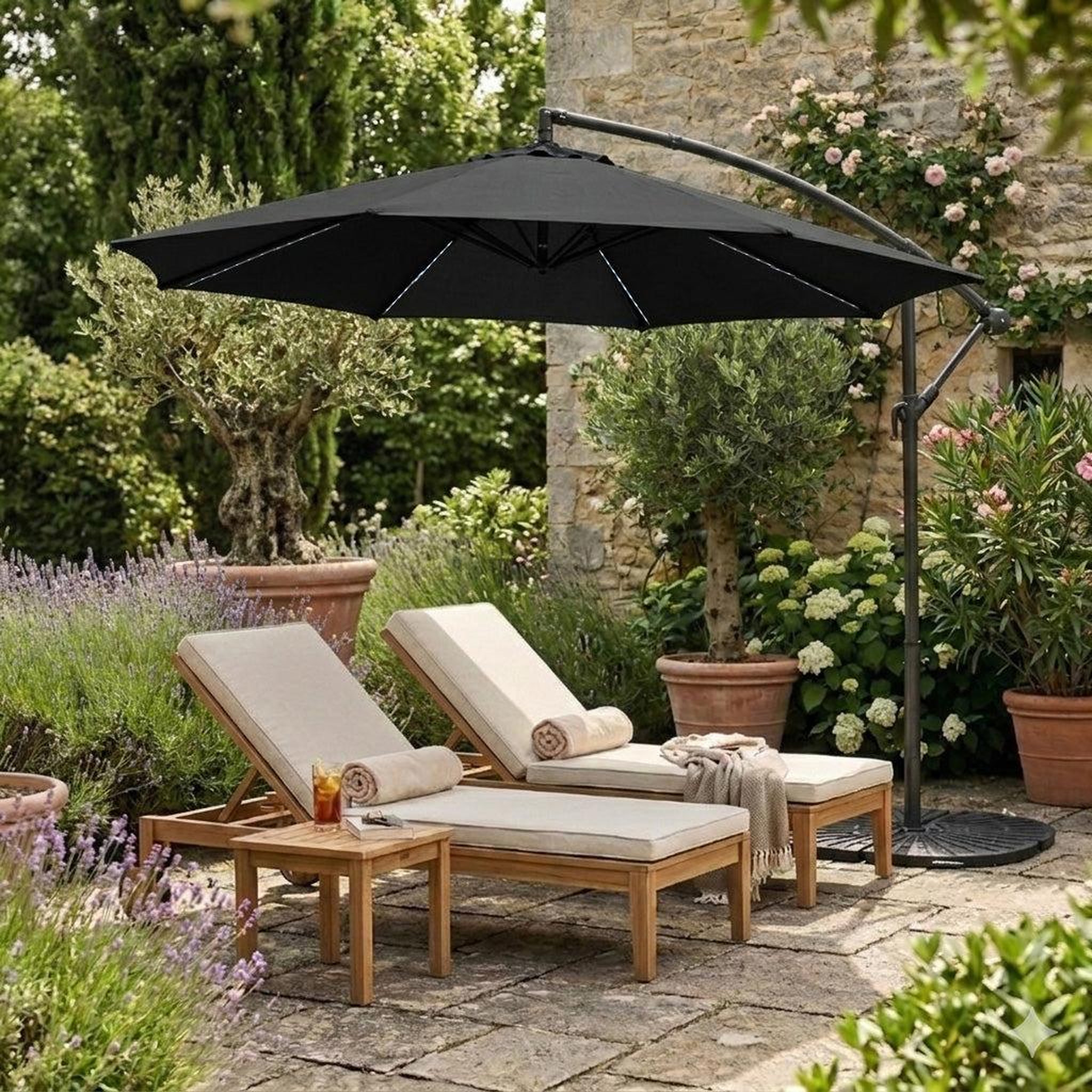 Voir la diapositive 4 : Monster Parasol Banane à Mât Déporté à LED 3 m & 4 Pieds en Éventail