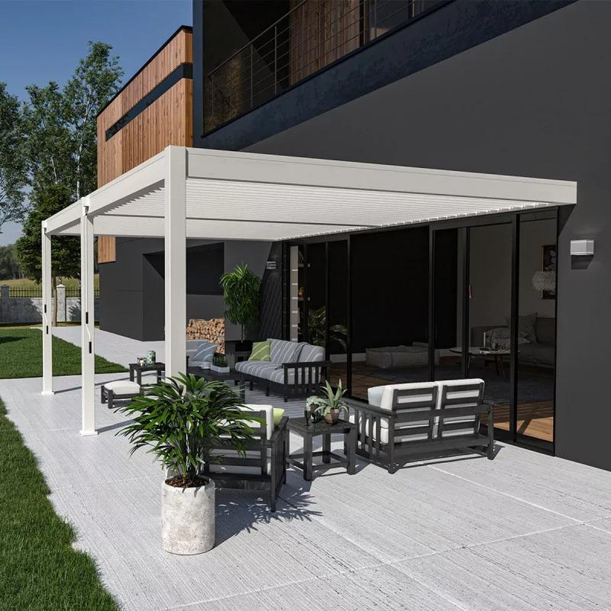 CENTRALE BRICO Pergola bioclimatique adossée 6 x 4 m avec 2 stores blancs - aluminium blanc - toiture étanche