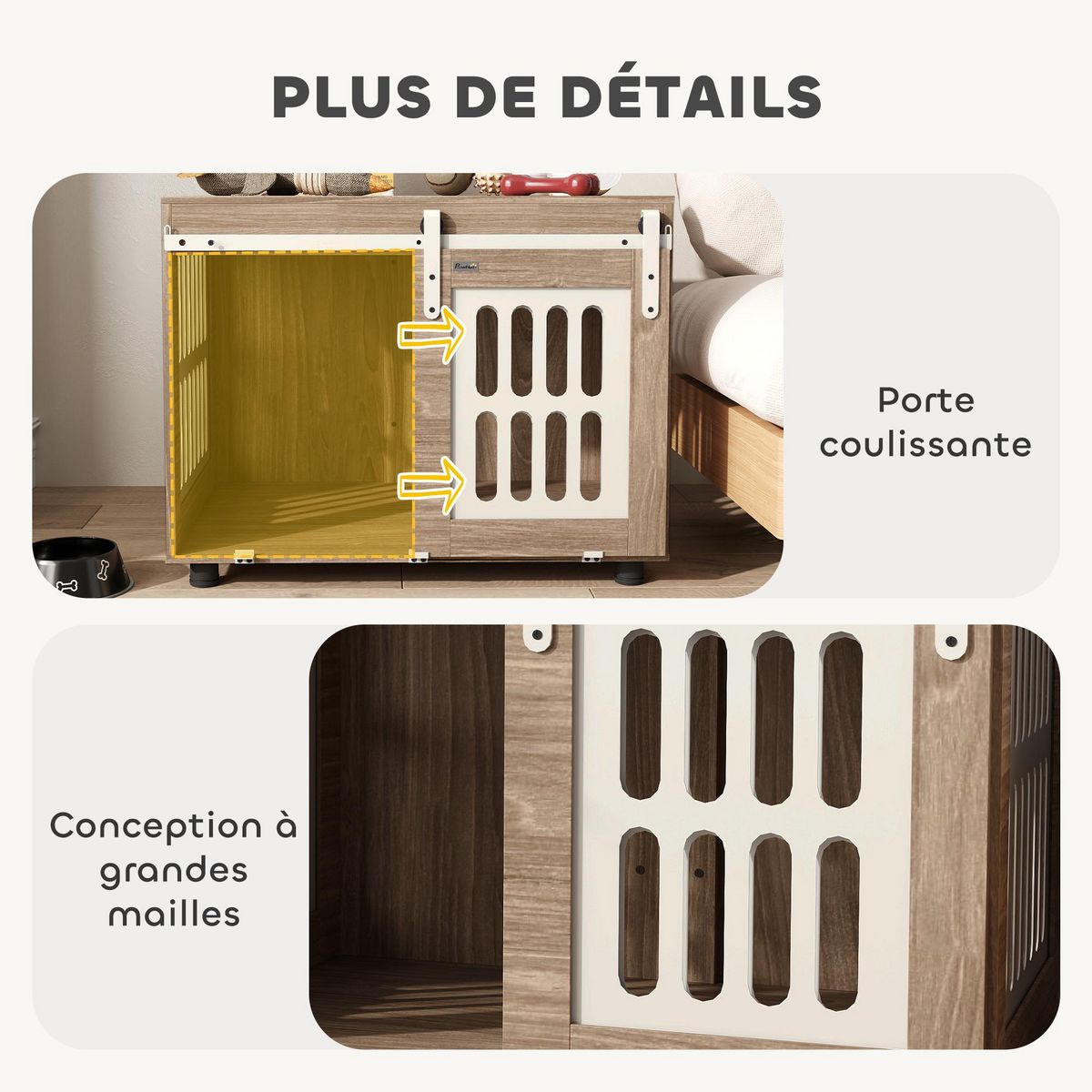 PAWHUT Cage pour chien en bois - porte coulissante verrouillable - dim. 80 x 59 x 63 cm - acier beige effet bois noyer