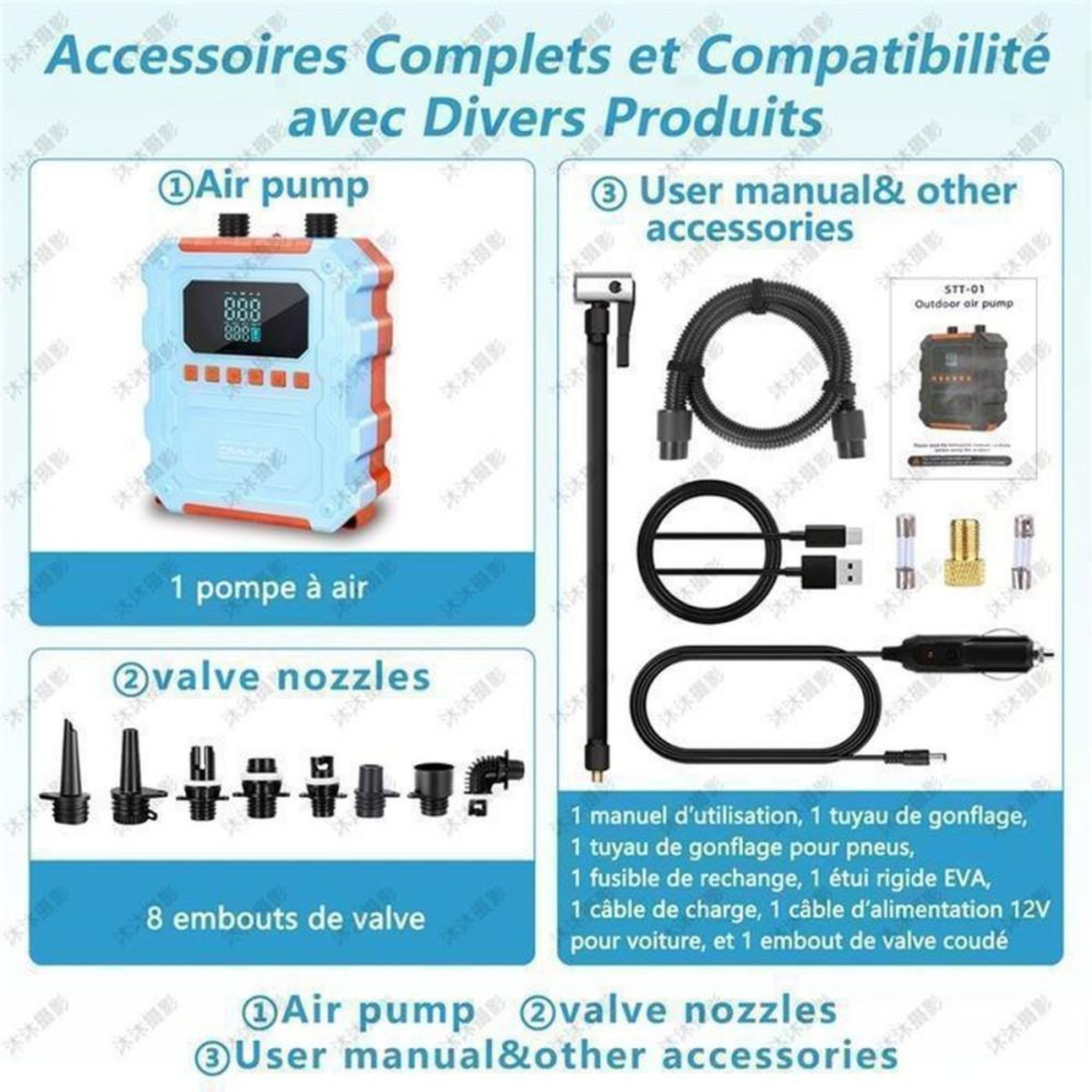 Voir la diapositive 6 : Pompe à air portable 60 PSI 12V/120W rechargeable Wild Stride, écran LED, arrêt automatique, fonction dégonflage rapide, 8 embouts