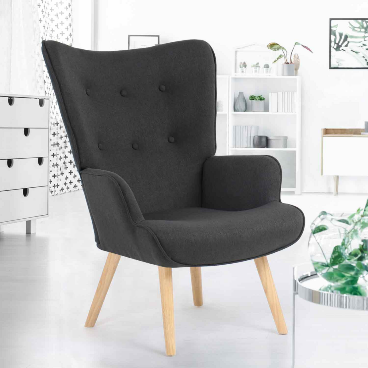 ID MARKET Fauteuil scandinave IVAR en tissu gris anthracite