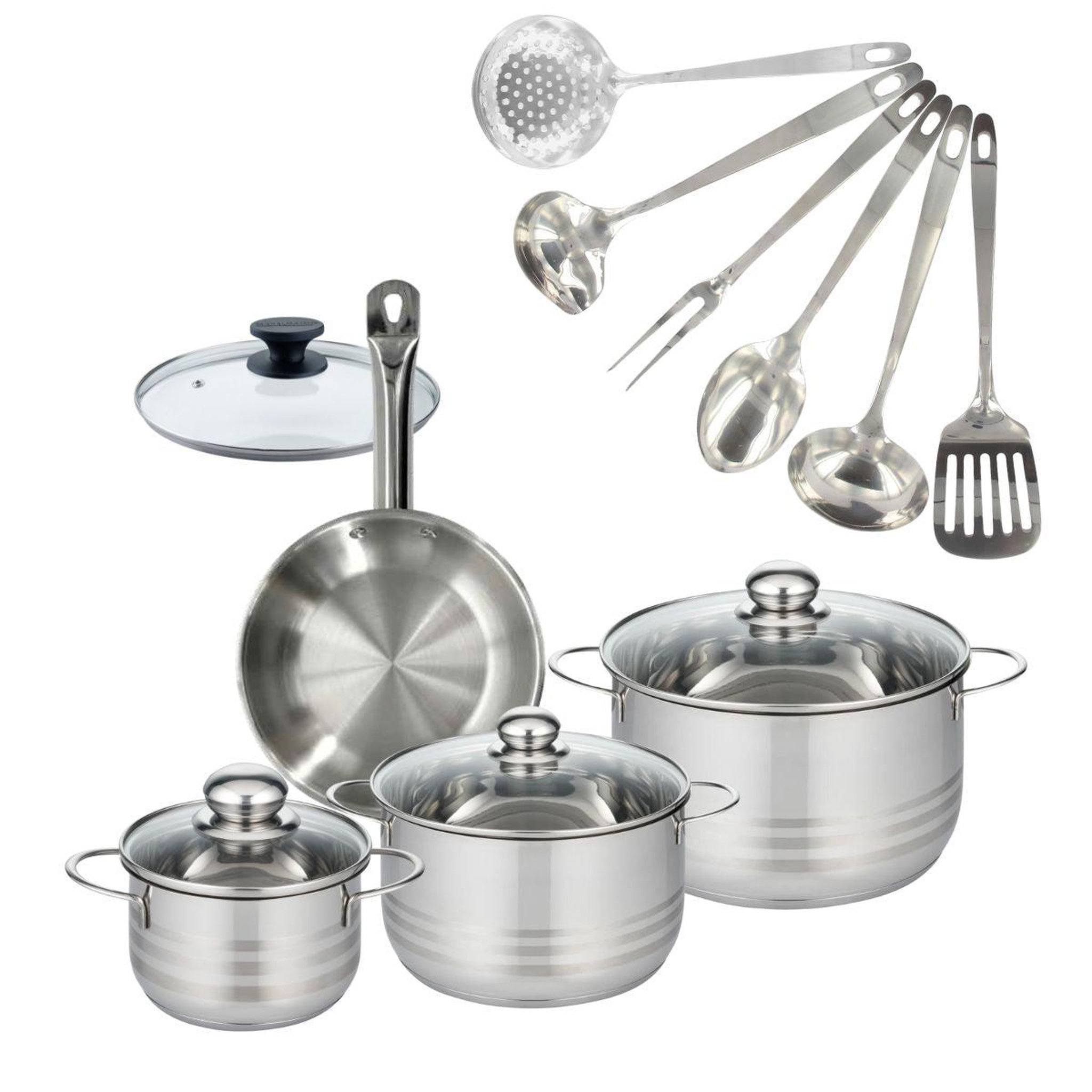 Fackelmann Batterie de cuisine avec 1 poêle 20 cm et 3 faitouts 20/24/16 cm avec 7 ustensiles de cuisine fackelmann etherna brillant oxford avec couvercles